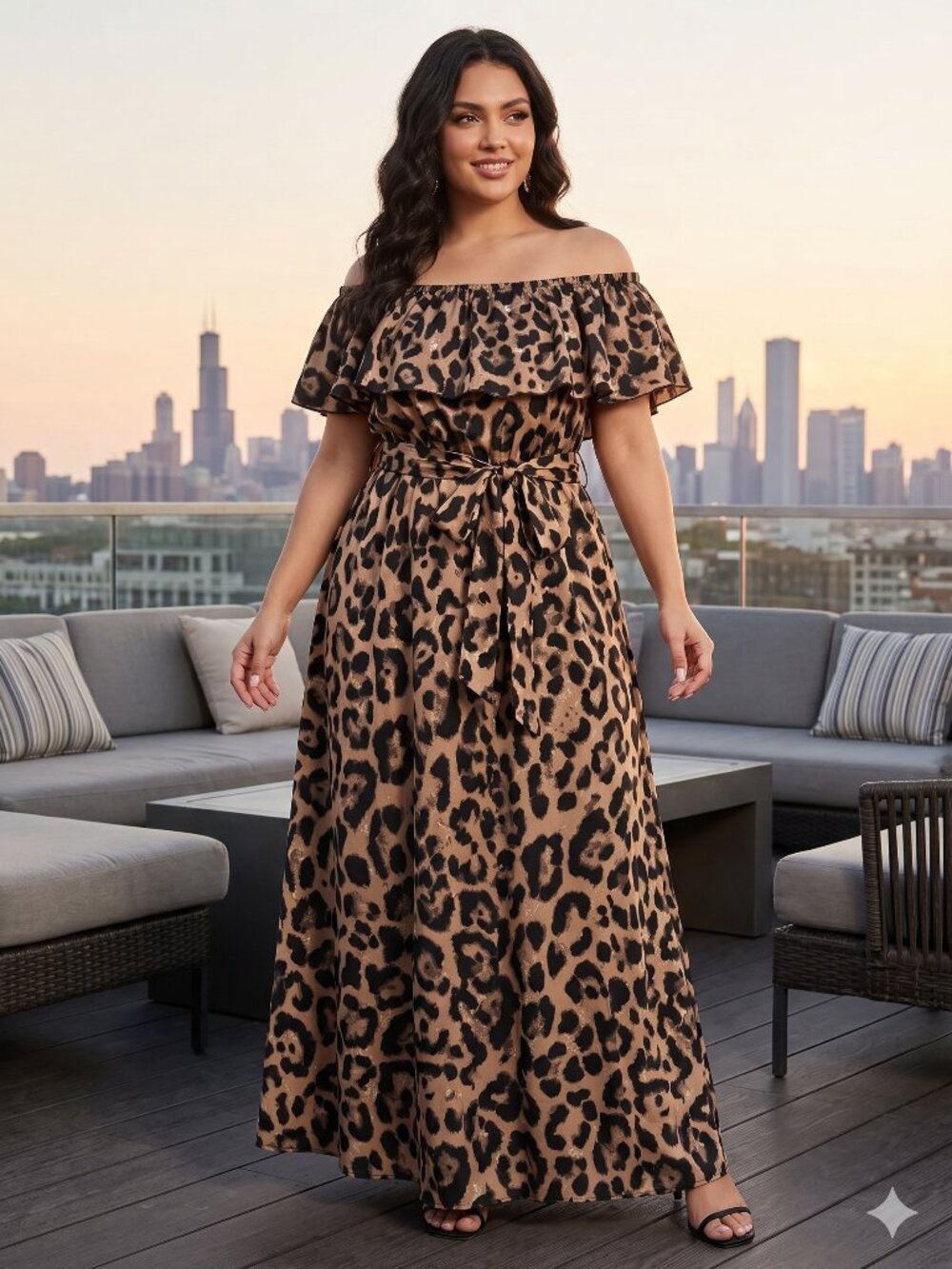 BloomChic Ruffle Off-Shoulder Tie-Waist‎ Maxi Dress Leopard